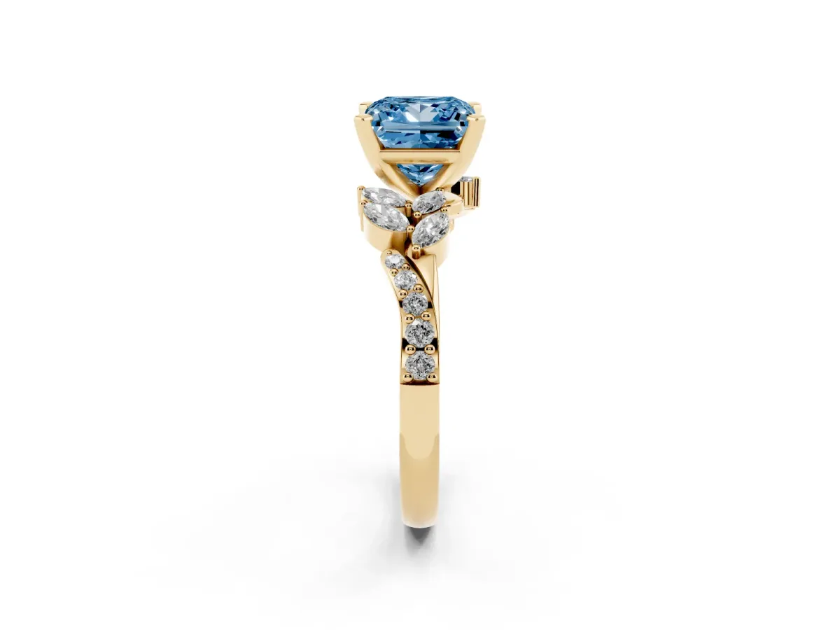 Fancy Blue Princess Cut Solitaire Marquise Twist Band with Six-Prong Setting Yellow gold