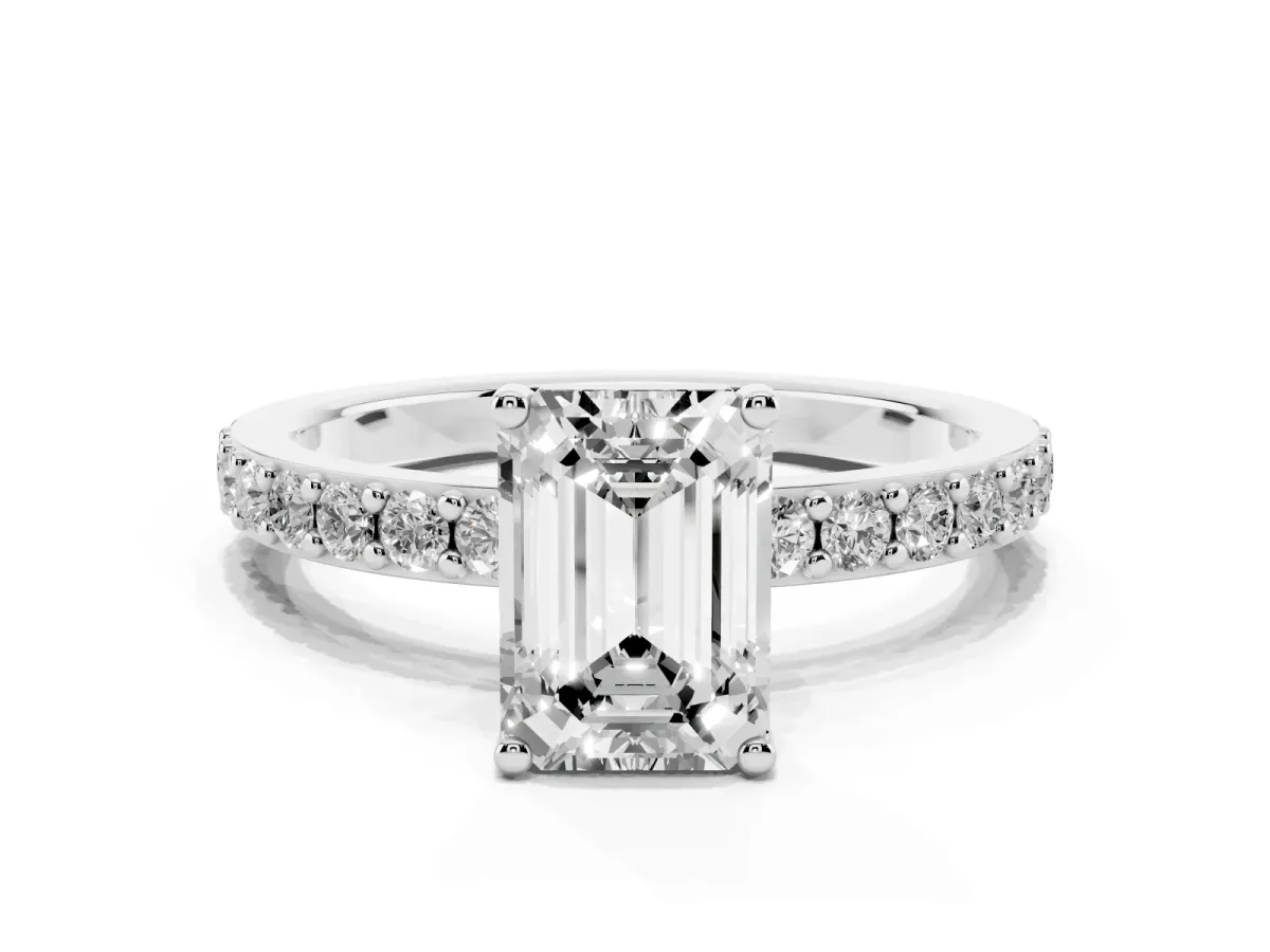 Emerald Cut Cut Diamond Solitaire with Pave Band and Four-Prong Setting Platinum