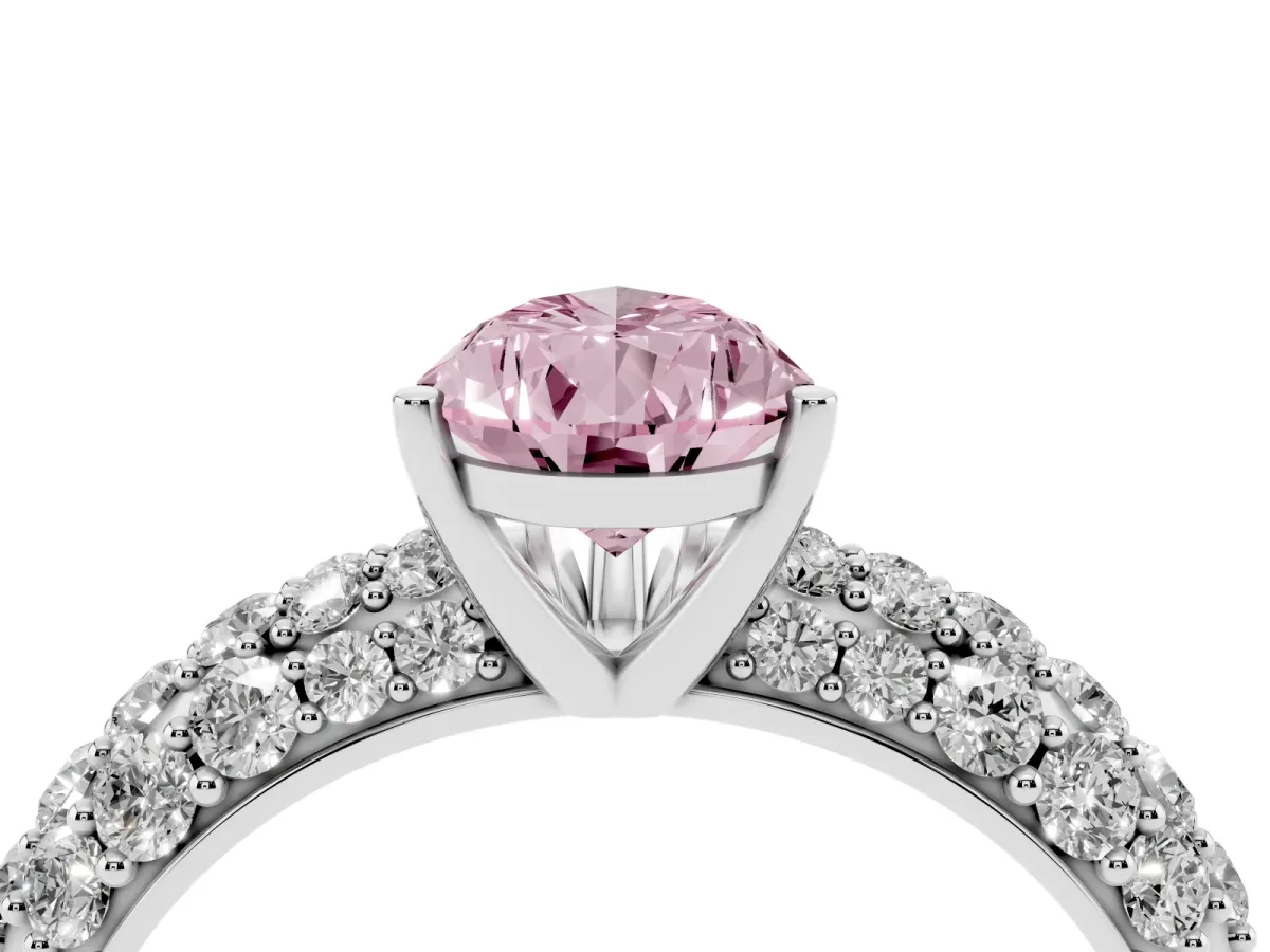 Fancy Pink Pear Cut Diamond Pavé Band Solitaire Ring with Four-Prong Setting Silver