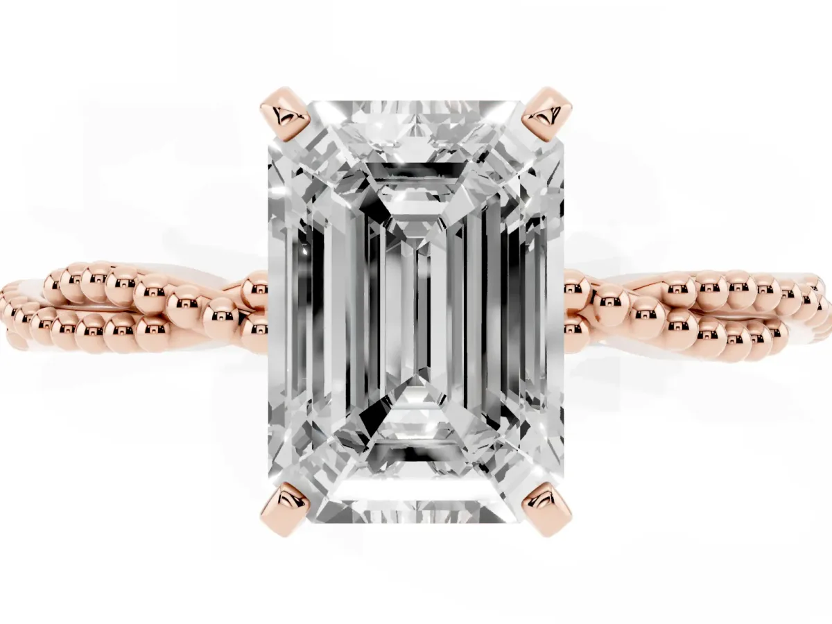 Emerald Cut Solitaire Twisted Band with Bead Prong Setting Rose gold