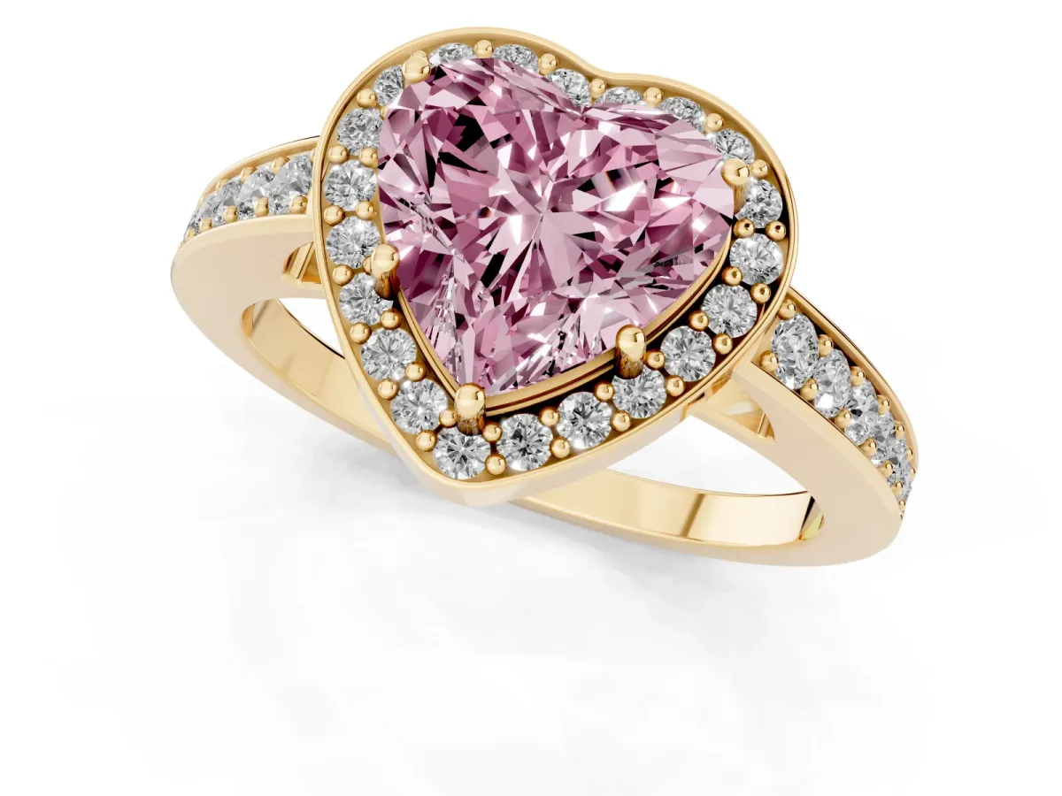 Fancy Pink Heart Cut Halo Pavé Diamond Engagement Ring with Bezel Setting Yellow gold