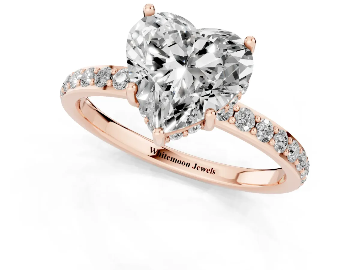 Heart Cut Diamond Solitaire Ring with Pavé Band and Hidden Halo Rose gold