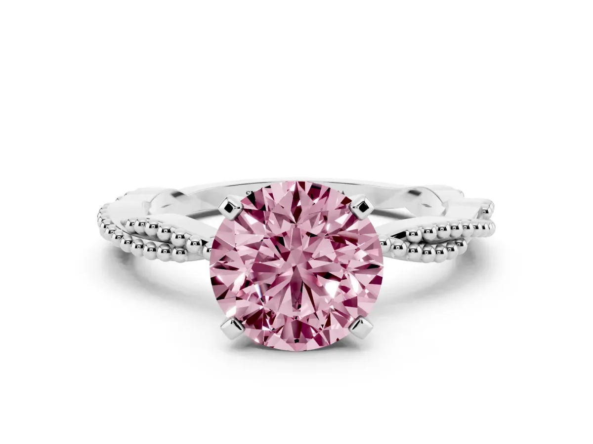 Fancy Pink Round Cut Solitaire Twisted Band with Bead Prong Setting Silver