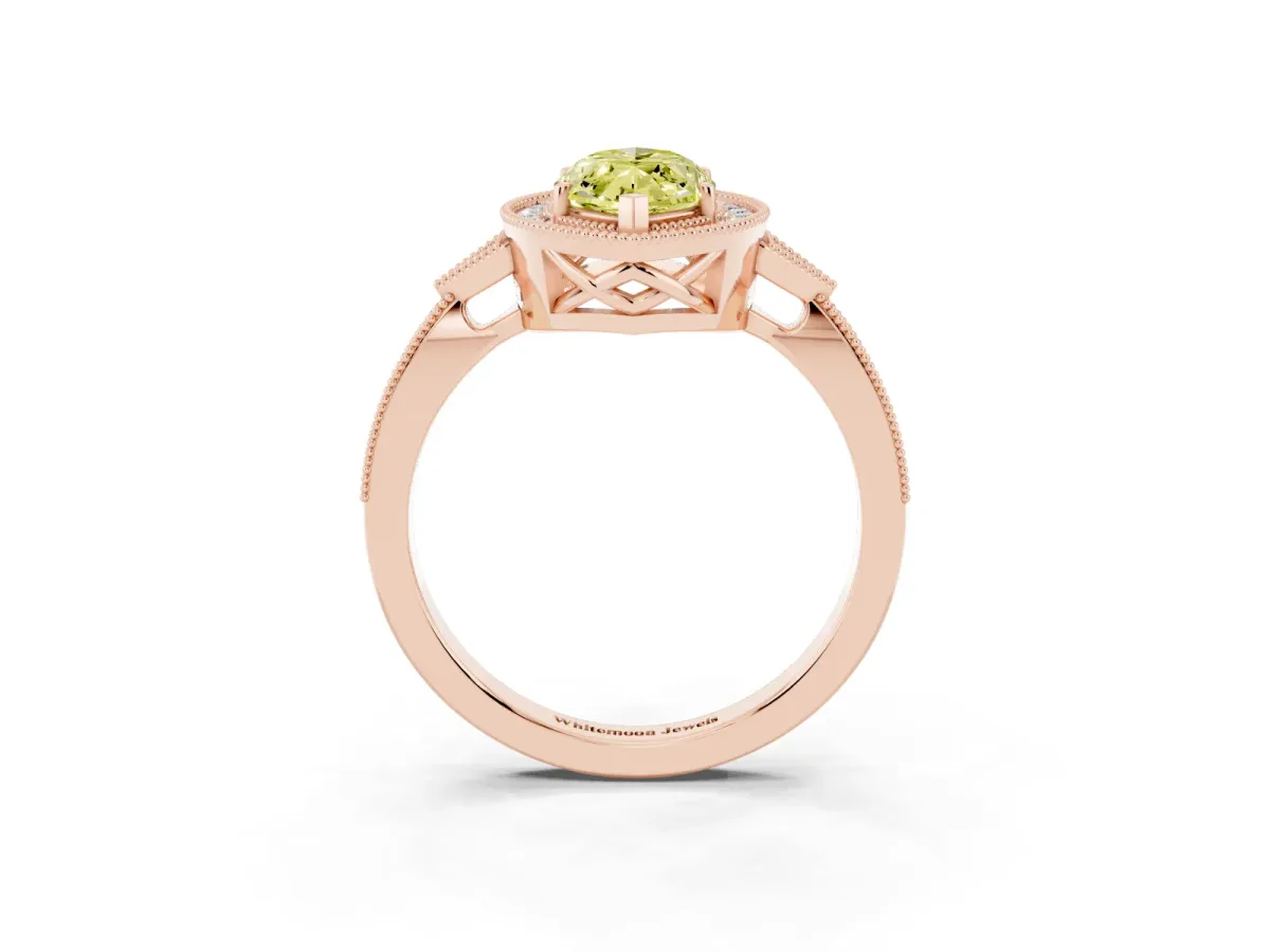 Fancy Yellow Marquise Cut Halo Round Diamond Milgrain Pave Engagement Ring Rose gold