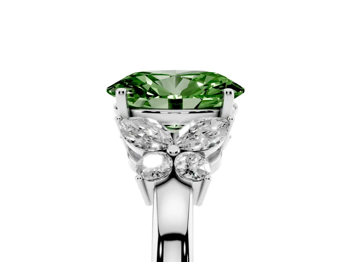 Fancy Green Oval Cut Cut Solitaire Floral Diamond Ring with Four-Prong Setting Platinum