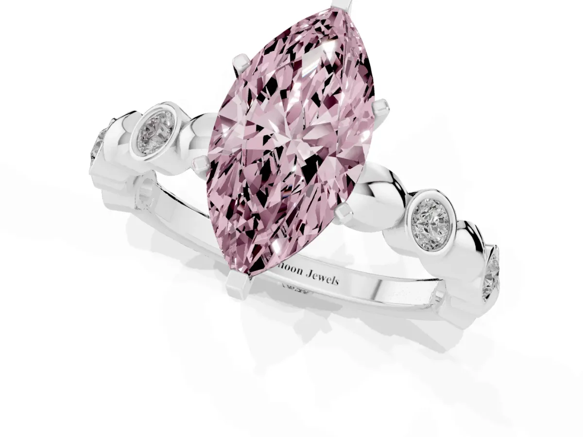 Fancy Pink Marquise Cut Solitaire Bezel-Set Diamond Ring with Beaded Band and Four-Prong Setting Silver