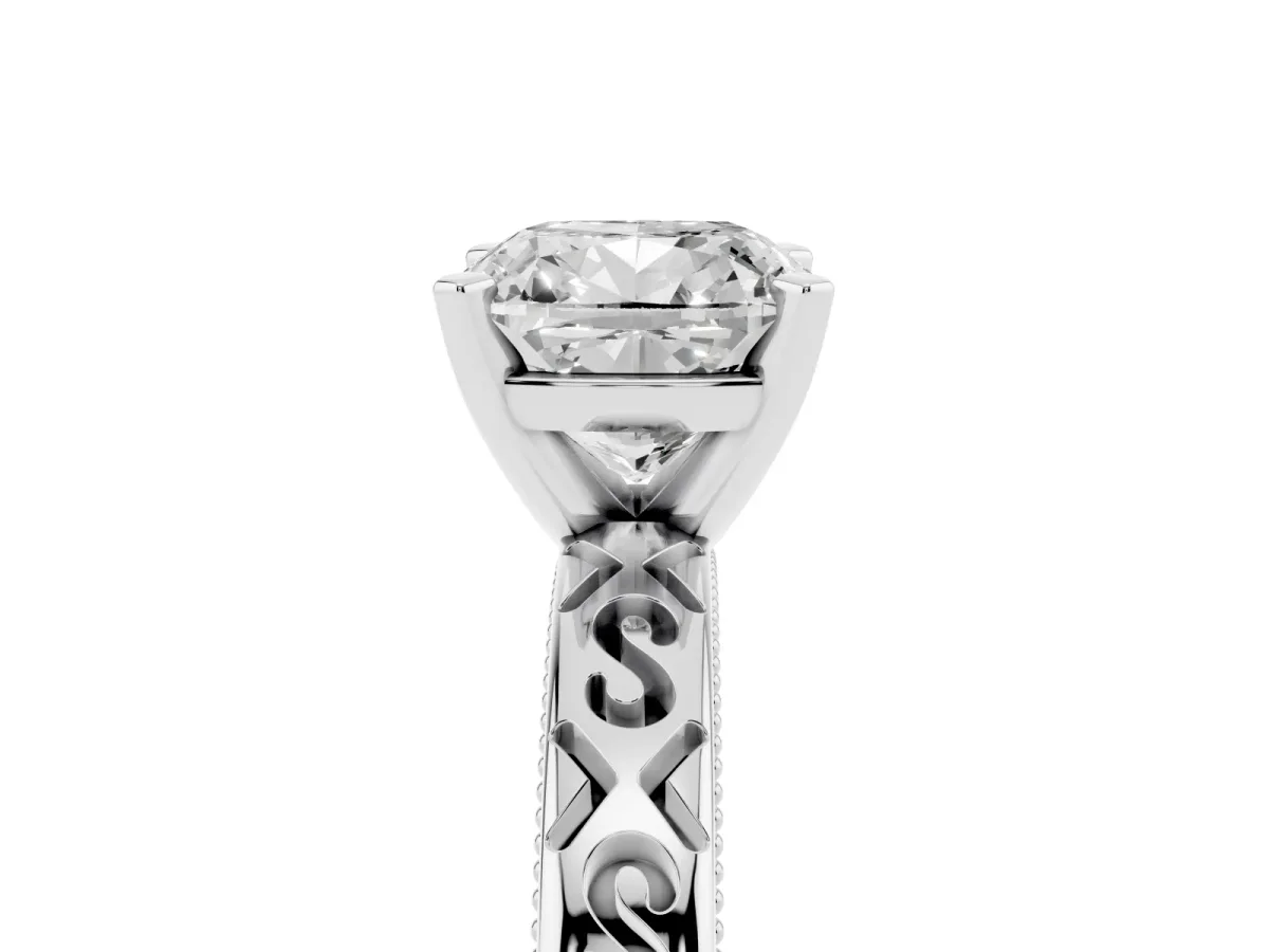 Cushion Cut Solitaire Engagement Ring with Scrollwork Band and Four-Prong Setting Platinum