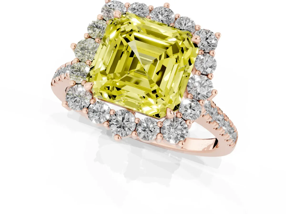 Fancy Yellow Asscher Cut Halo Diamond Ring with Pavé Band and Prong Setting Rose gold