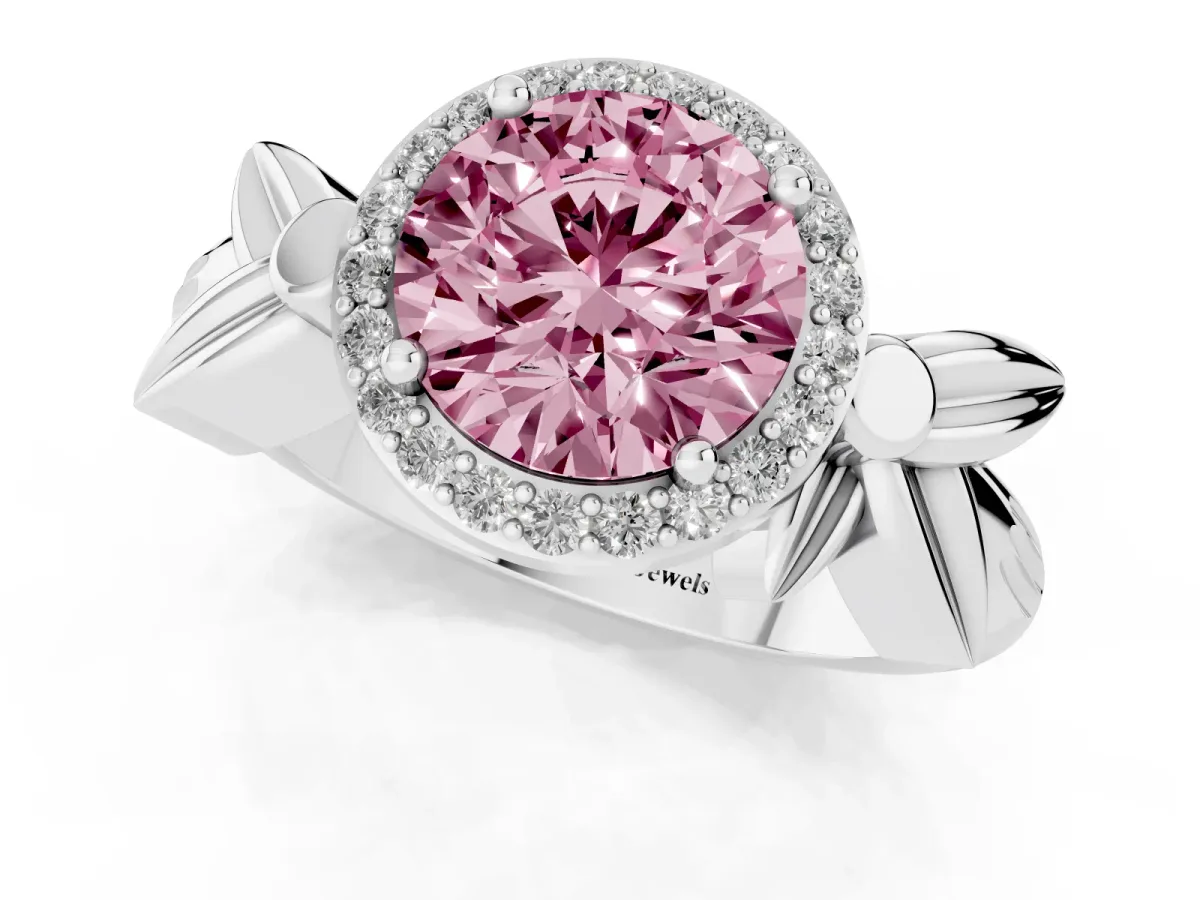 Fancy Pink Round Cut Halo Diamond Floral Band with Four-Prong Setting White gold