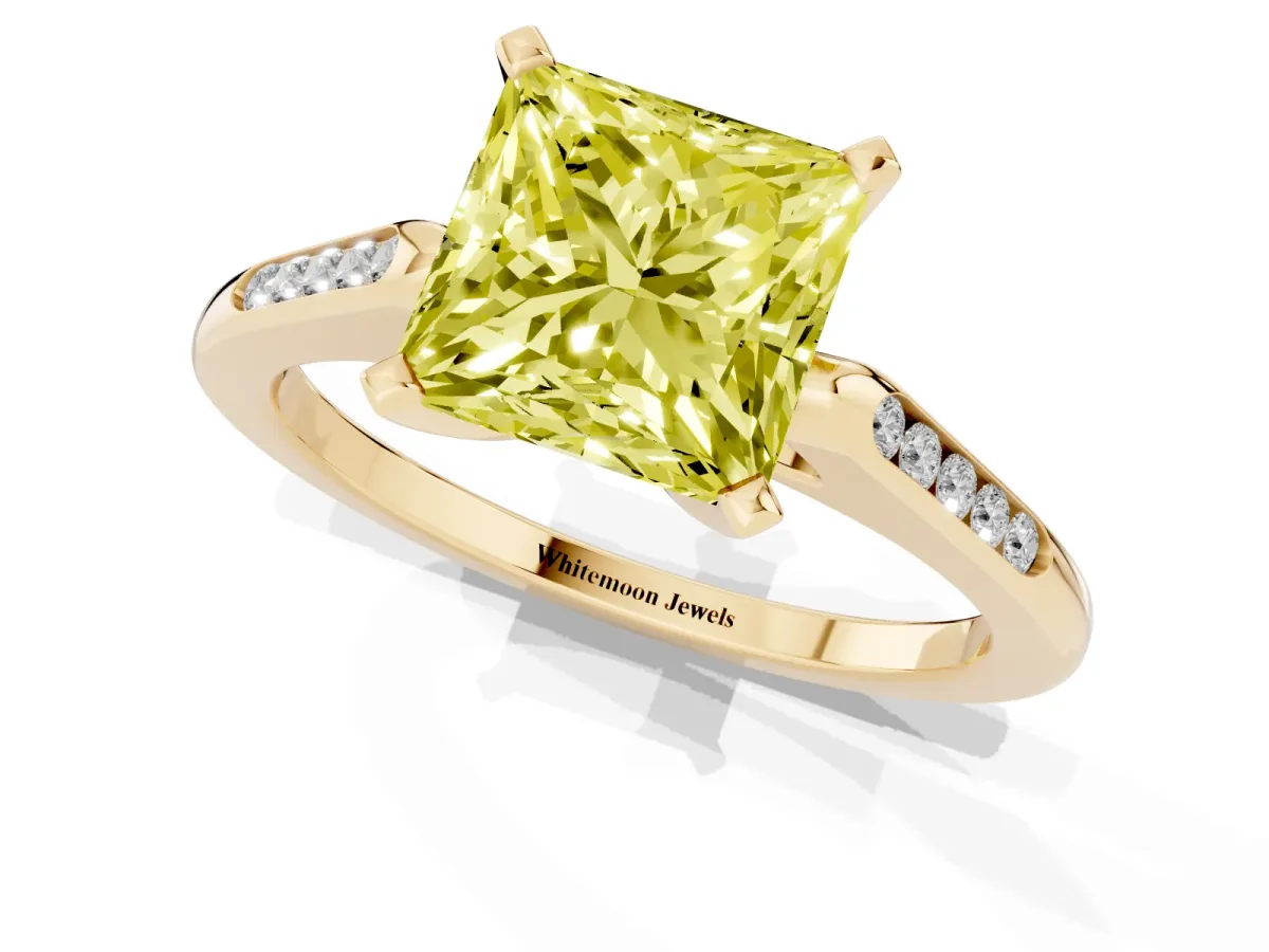 Fancy Yellow Princess Cut Diamond Solitaire Ring with Channel Set Round Band and Prong Setting Yellow gold