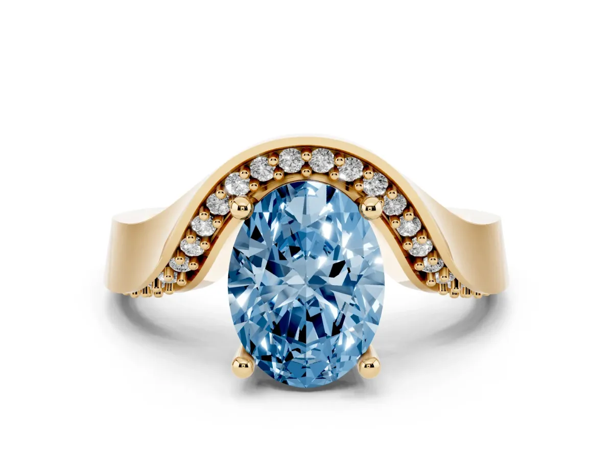 Fancy Blue Oval Cut Solitaire Diamond Engagement Ring with Pave Band and Four-Prong Setting Yellow gold