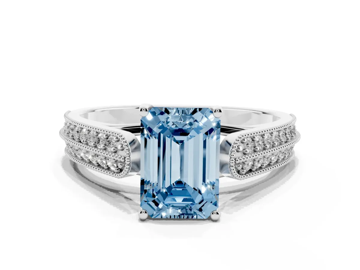 Fancy Blue Emerald Cut Cut Pave Split Shank Engagement Ring with Four-Prong Setting White gold