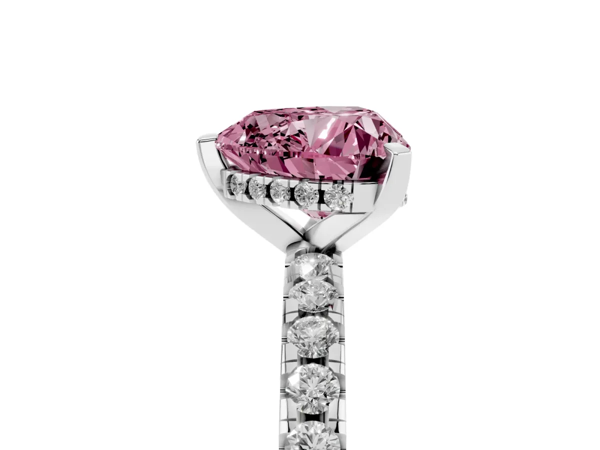 Fancy Pink Heart Cut Diamond Solitaire Ring with Round Pavé Band and Four-Prong Setting Platinum