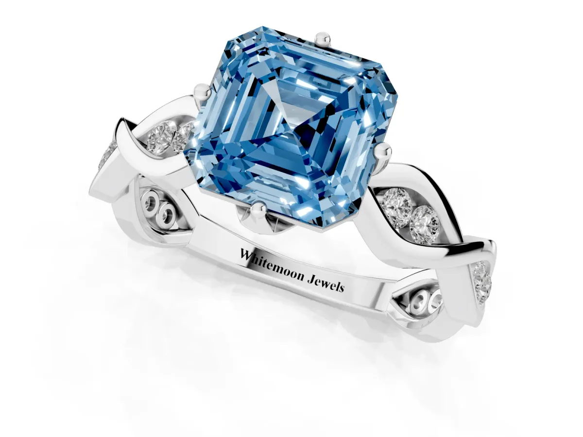 Fancy Blue Asscher Cut Solitaire Twist Band with Leaf Prong Setting Platinum