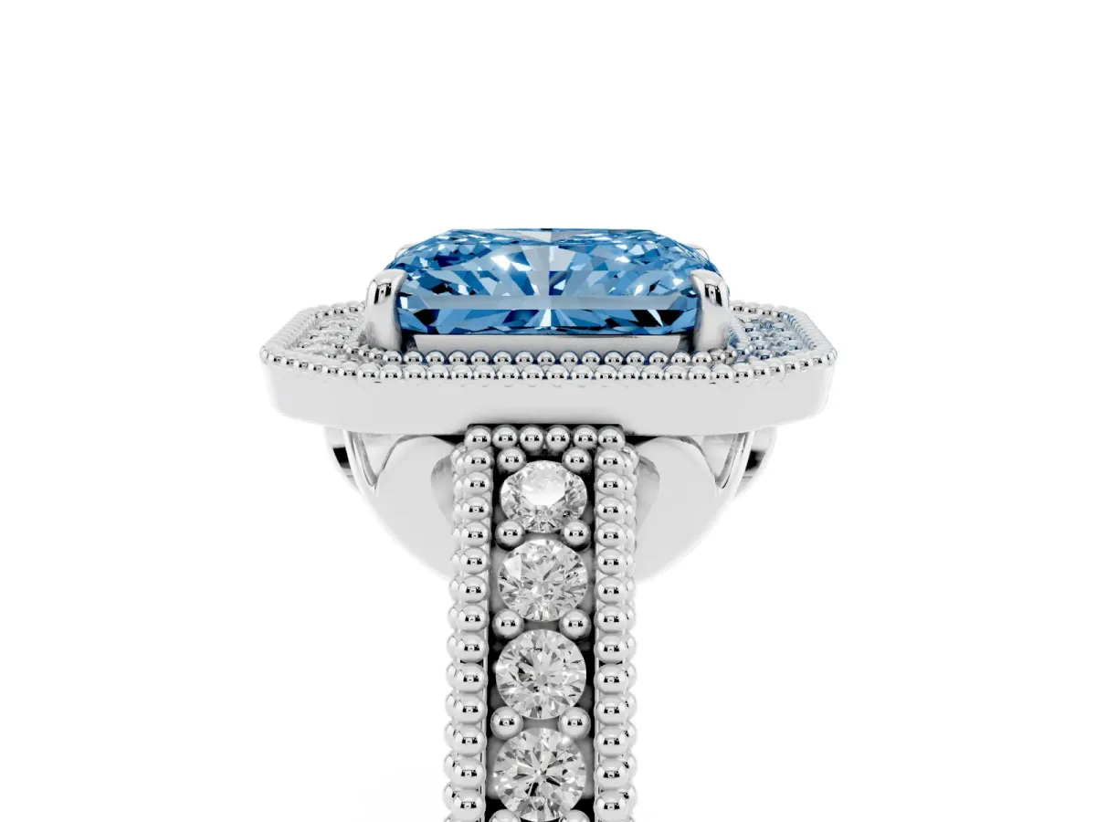 Fancy Blue Radiant Cut Cut Halo Diamond Ring with Pavé Band and Four-Prong Setting Platinum