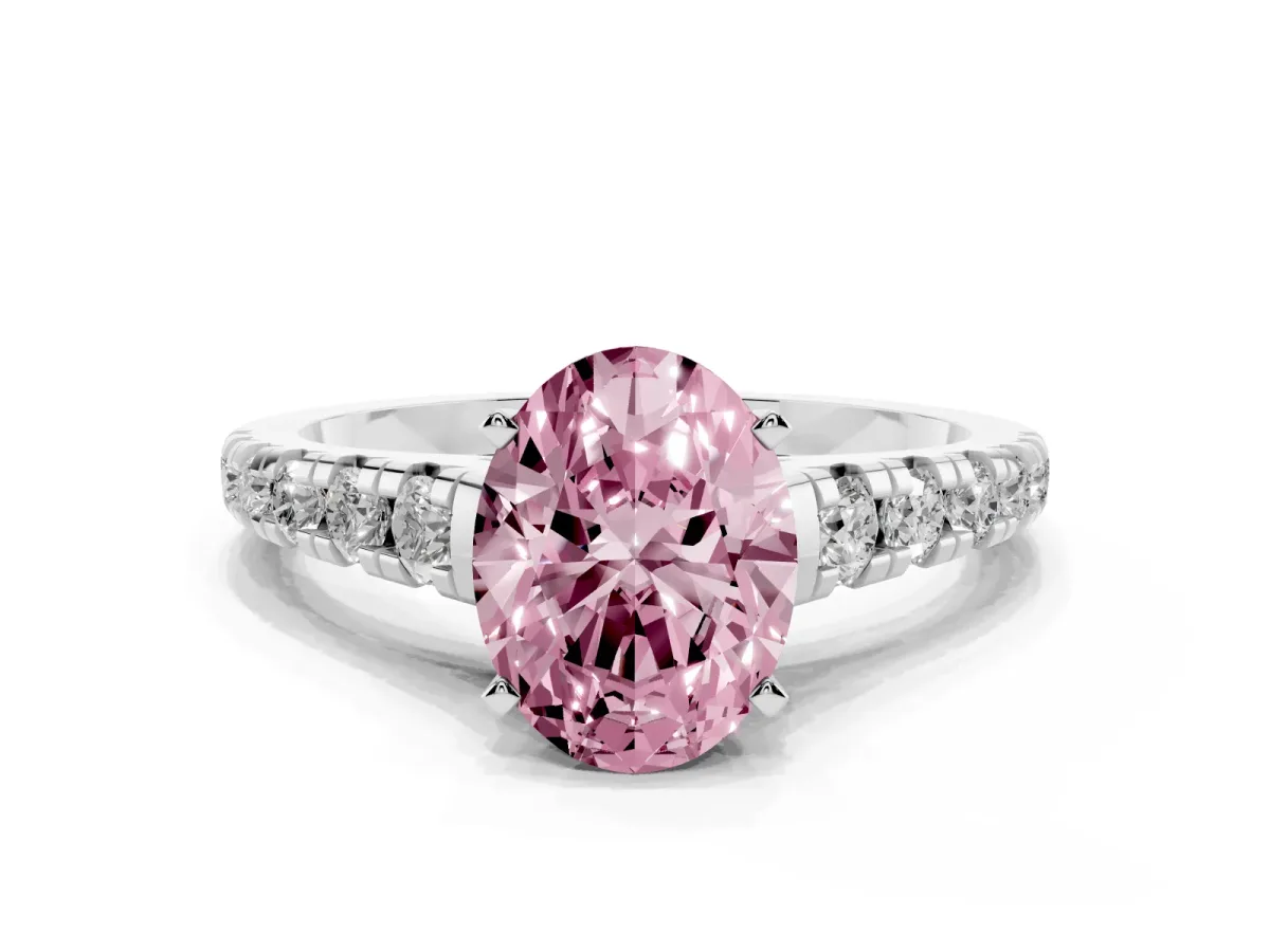 Fancy Pink Oval Cut Diamond Cathedral Solitaire Ring with Round Pavé Band Silver