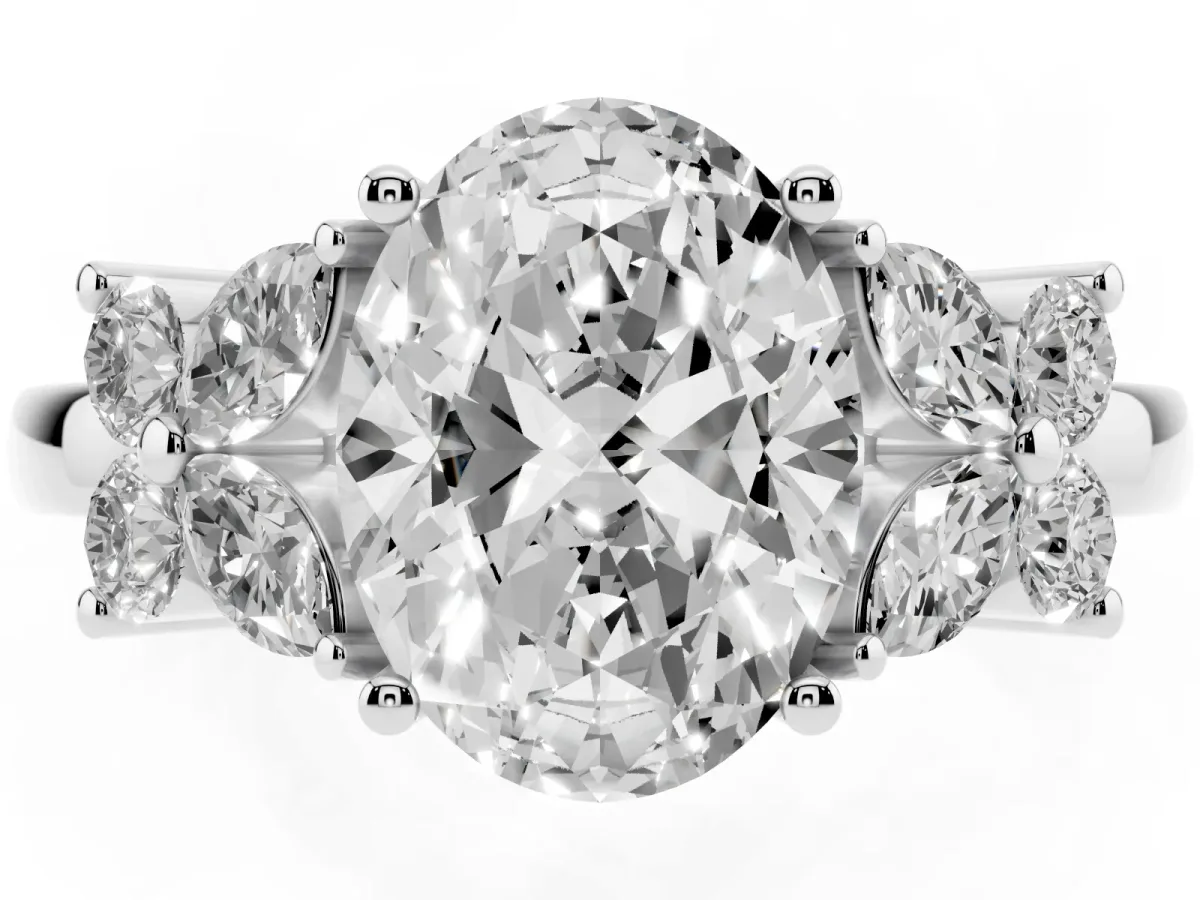 Oval Cut Diamond Floral Cluster Ring with Solitaire Band and Prong Setting Silver