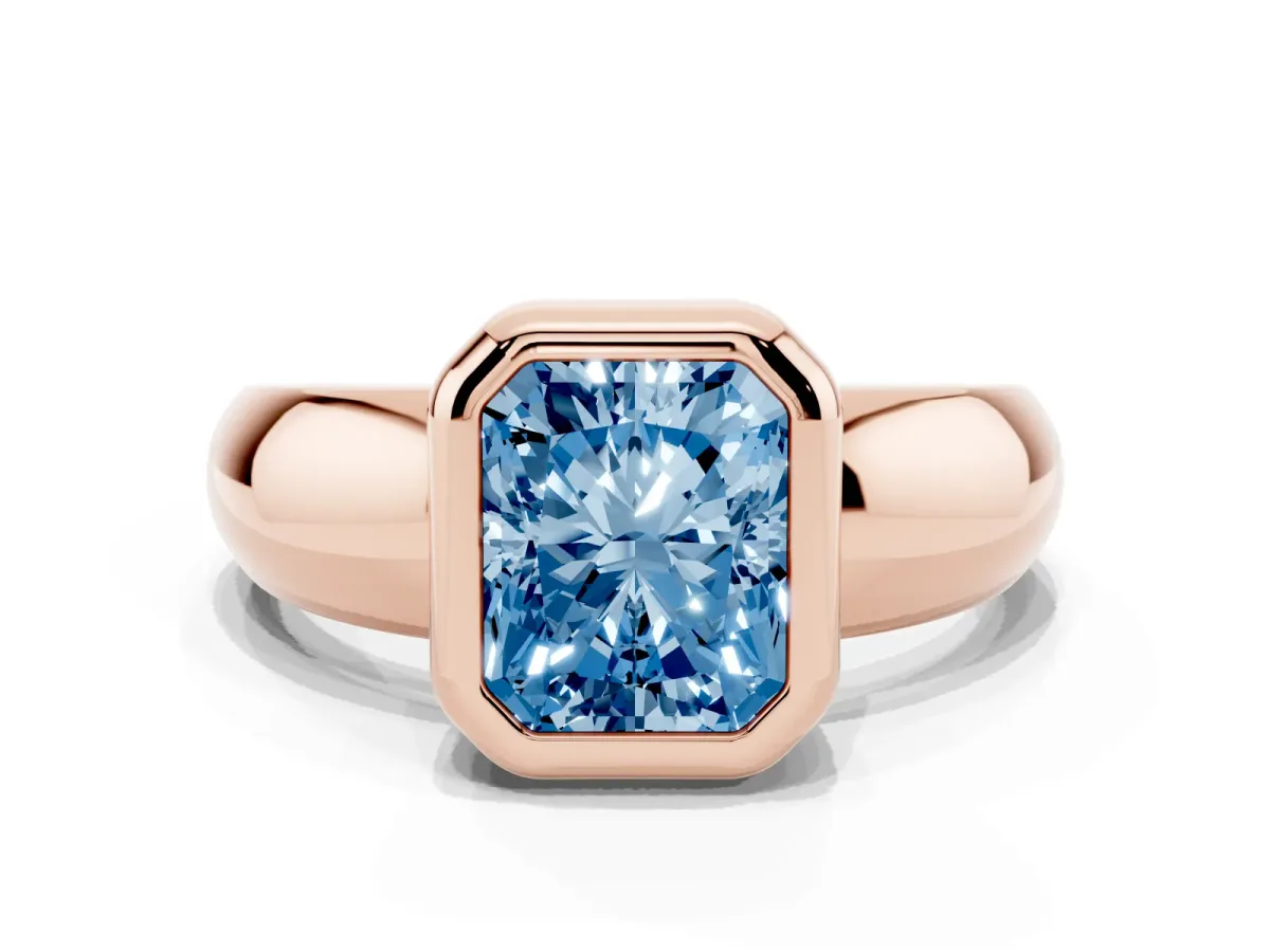 Fancy Blue Bezel Set Radiant Cut Solitaire Ring with Wide Band Rose gold