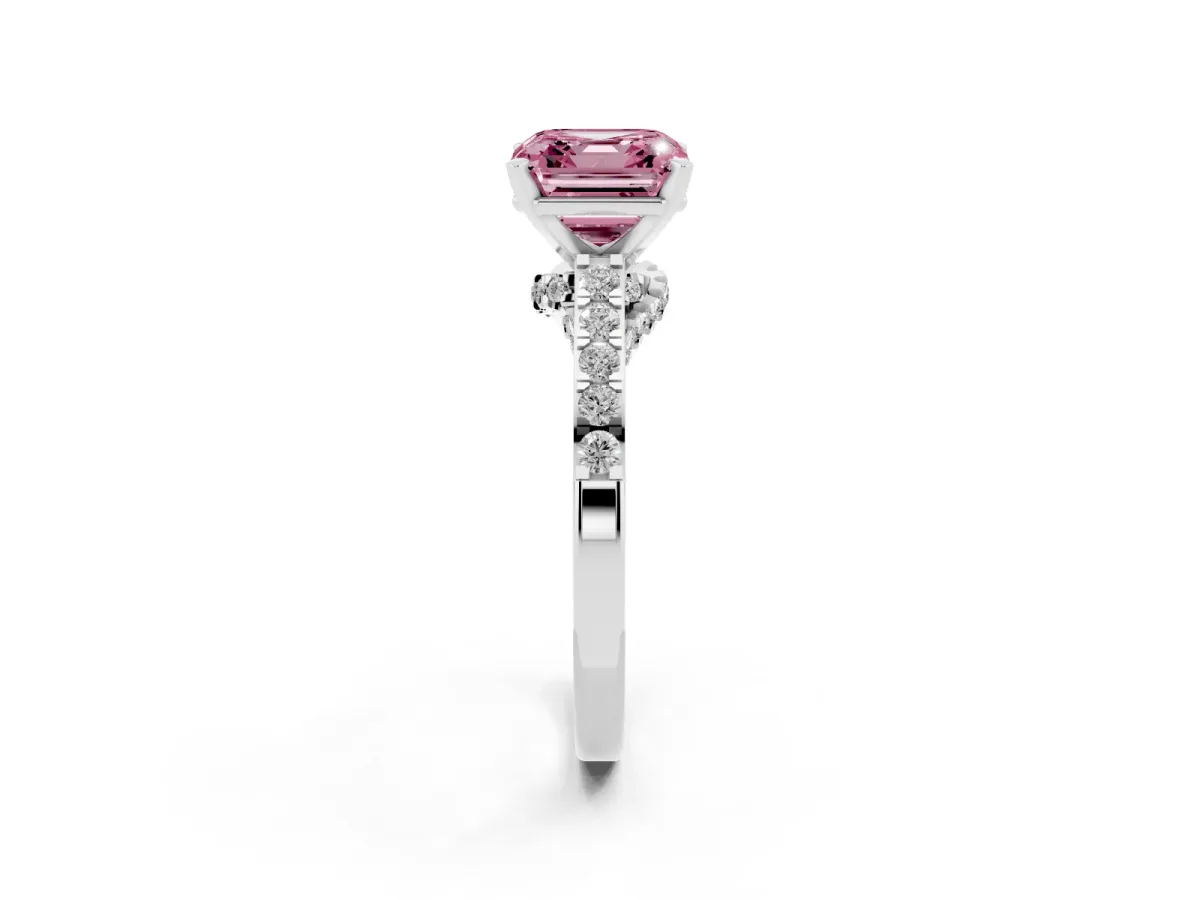 Fancy Pink Asscher Cut Diamond Solitaire Ring with Crossover Gallery and Round Pavé Band Platinum