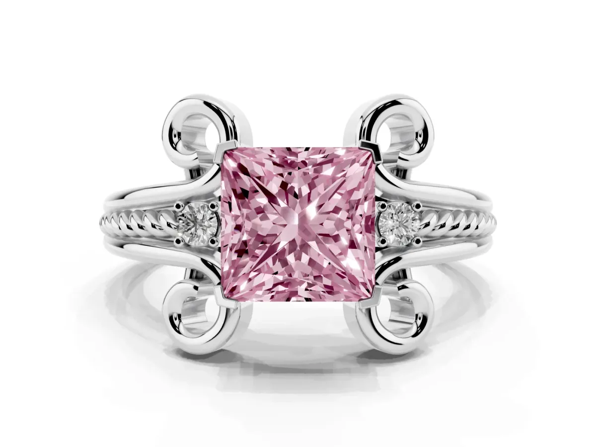 Fancy Pink Princess Cut Solitaire Twisted Band Scroll Prong Ring Silver