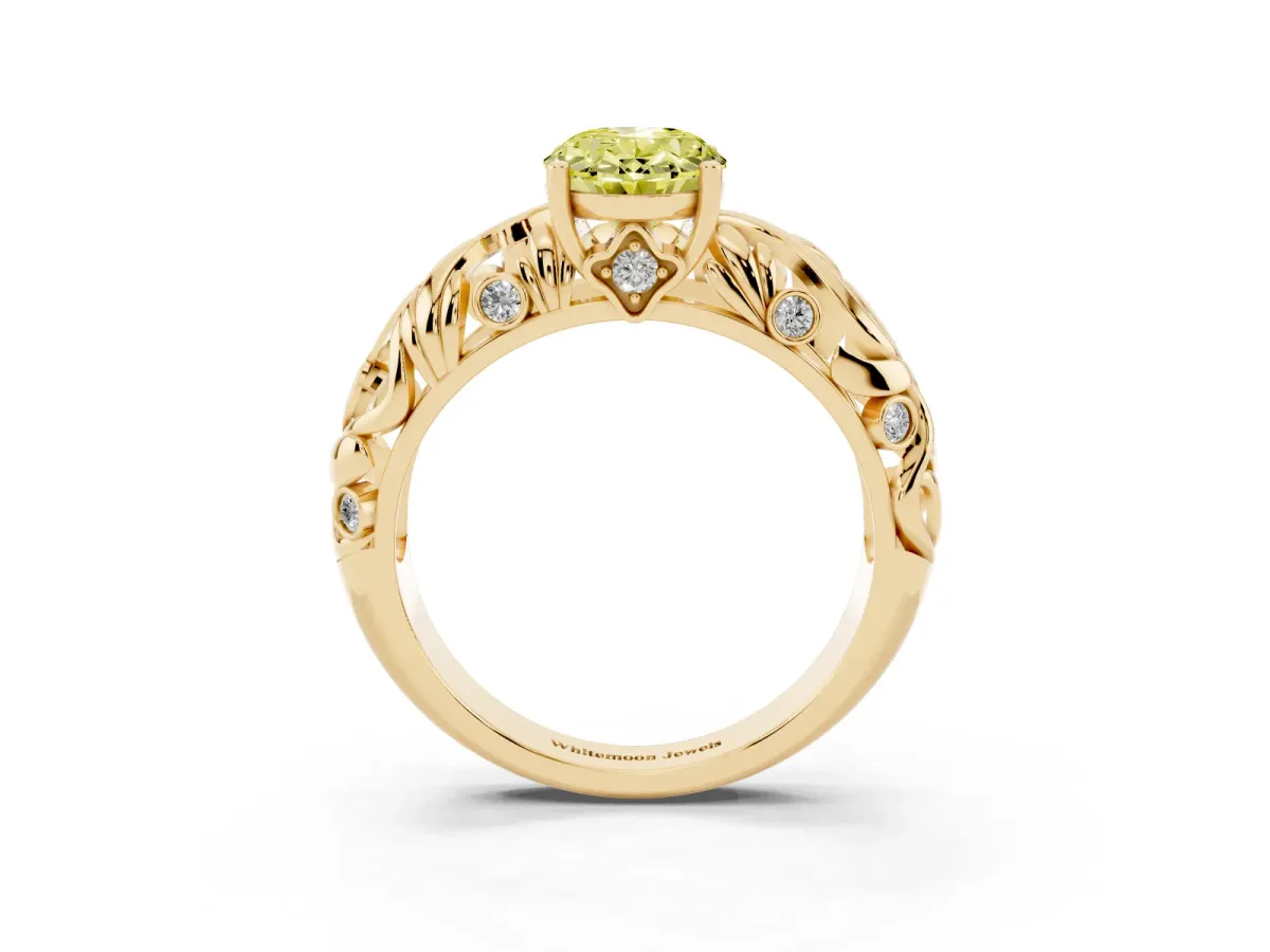 Fancy Yellow Oval Cut Solitaire Diamond Leaf-Inspired Vine Band Ring with Prong Setting Yellow gold