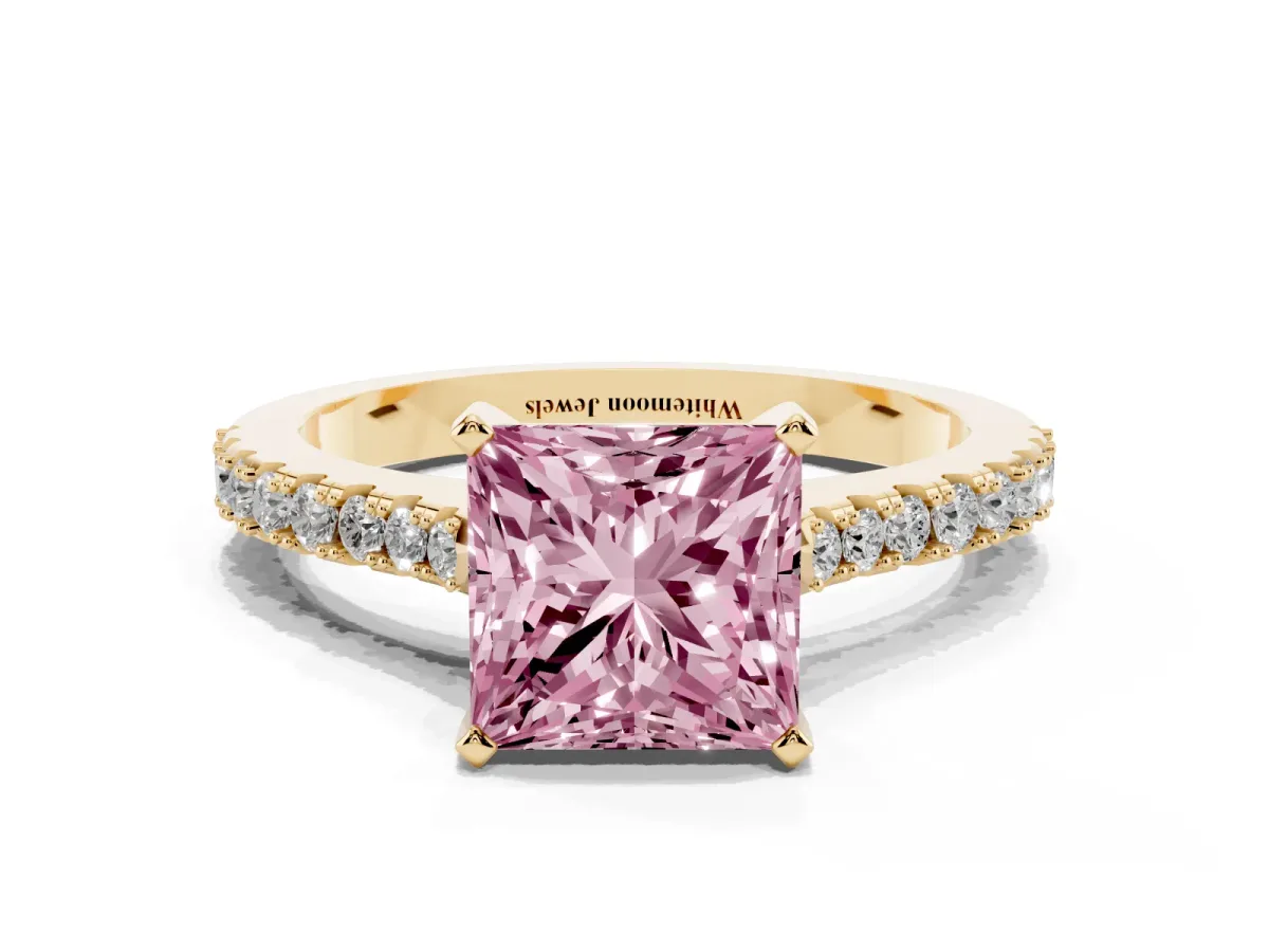 Fancy Pink Princess Cut Cut Solitaire Diamond Engagement Ring with Pave Band and Four-Prong Setting Yellow gold