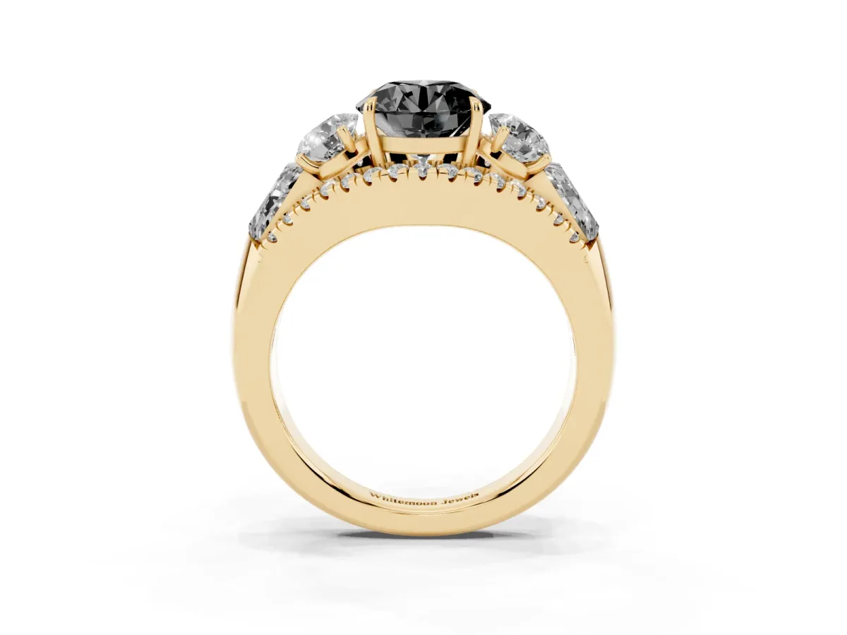 Fancy Black Three-Stone Round Cut Diamond Engagement Ring with Pave Band and Prong Setting Yellow gold