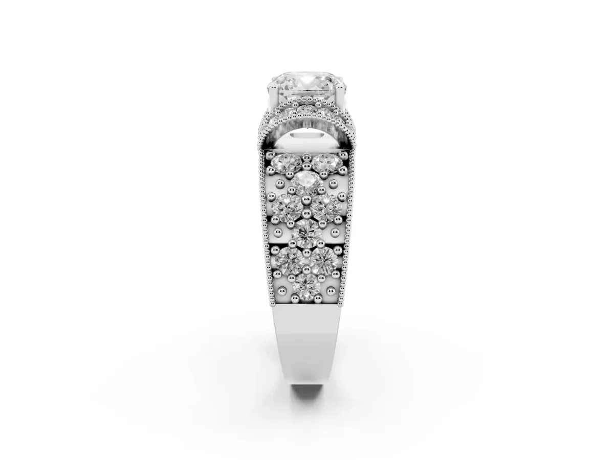 Cushion Cut Halo Pave Diamond Engagement Ring with Milgrain Detailing Silver