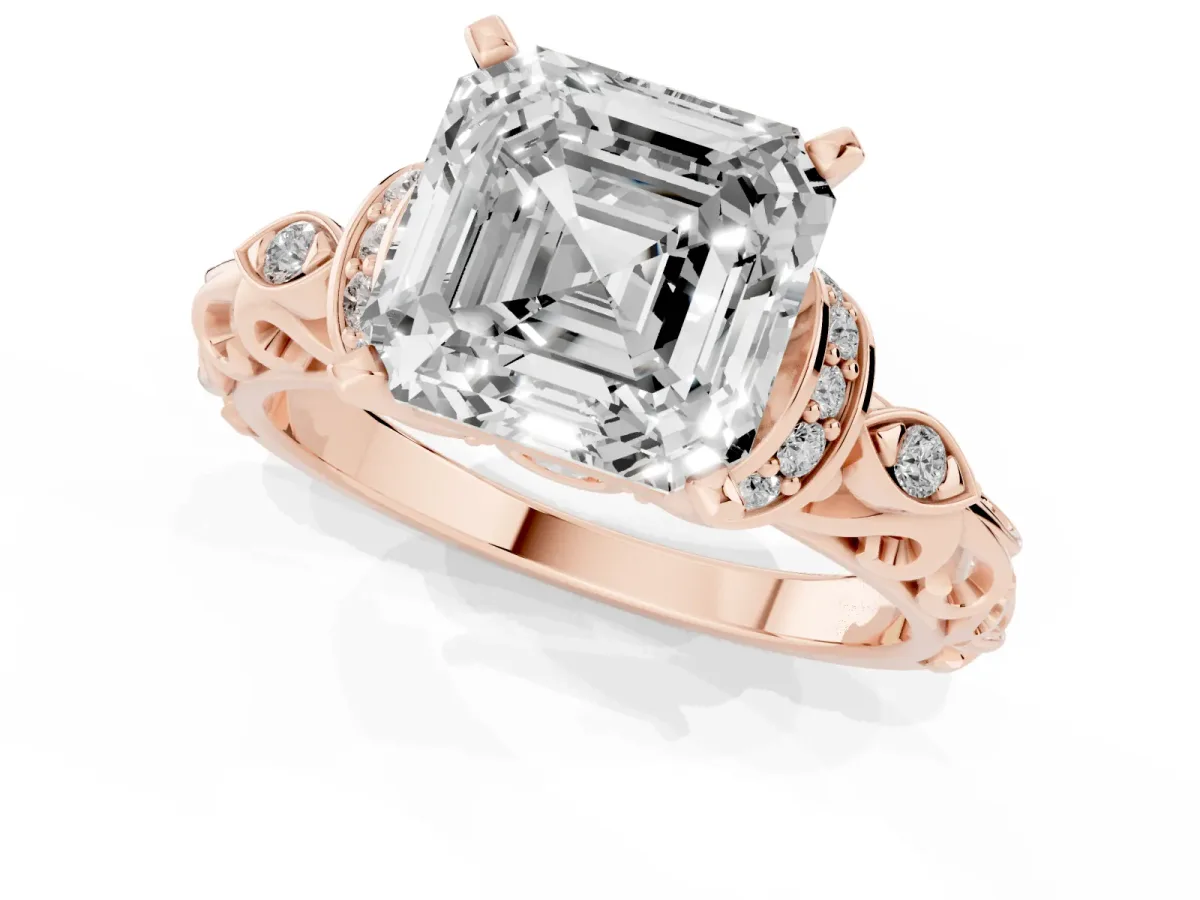 Asscher Cut Diamond Solitaire Ring with Filigree Band and Four-Prong Setting Rose gold