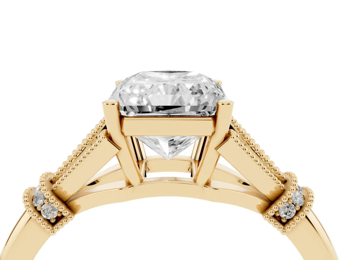 Radiant Cut Diamond Solitaire Ring with Floral Filigree and Pave Accents Yellow gold