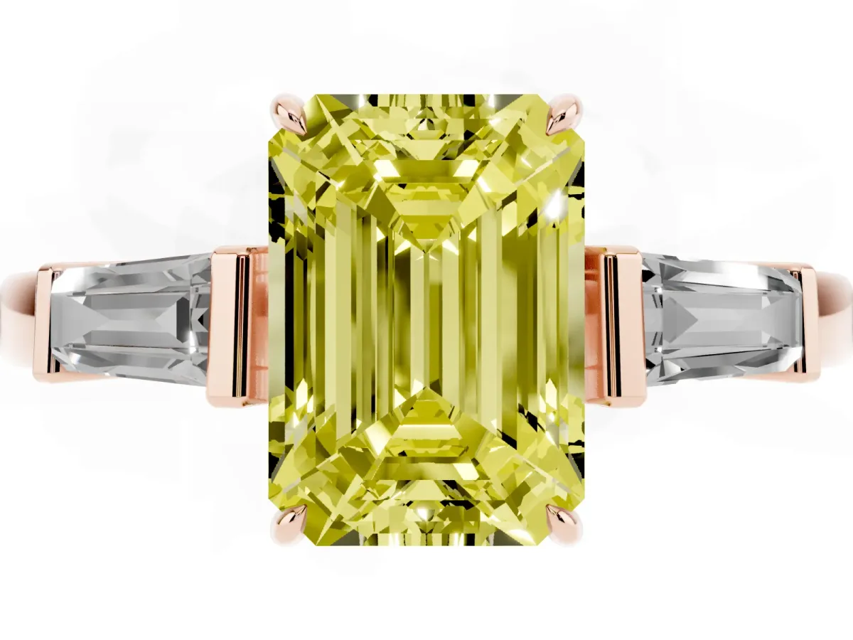 Fancy Yellow Emerald Cut Diamond Three-Stone Ring with Tapered Baguette Side Stones and Prong Setting Rose gold