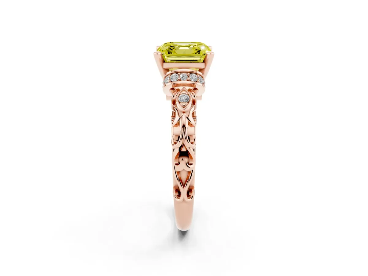 Fancy Yellow Asscher Cut Diamond Solitaire Ring with Filigree Band and Four-Prong Setting Rose gold