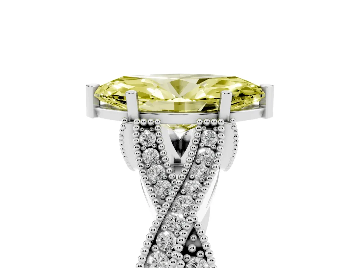 Fancy Yellow Marquise Cut Cut Diamond Twisted Band with Milgrain Pave Setting and Four-Prong Setting Silver