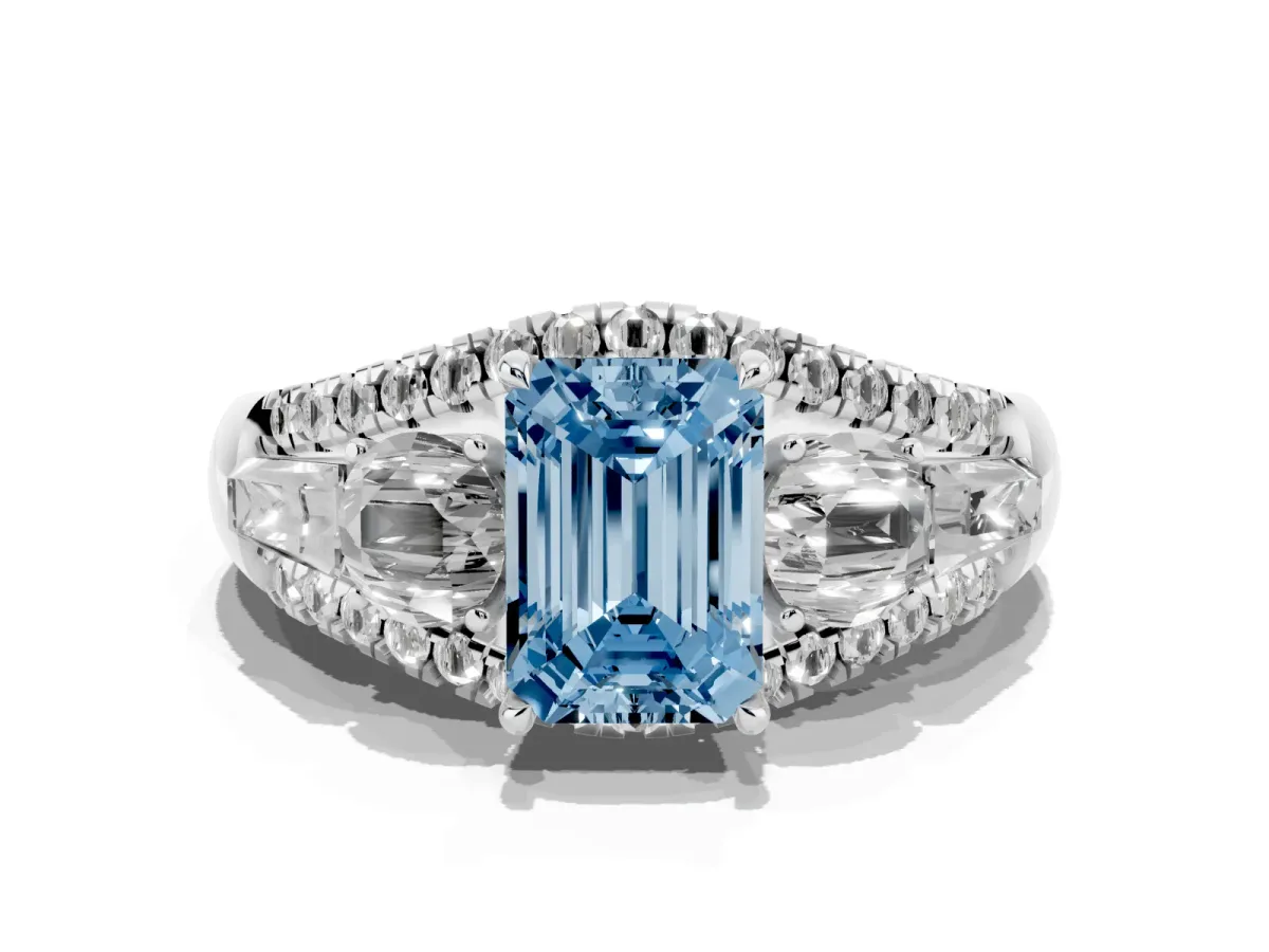 Fancy Blue Three-Stone Emerald Cut Diamond Engagement Ring with Pave Band and Prong Setting Silver