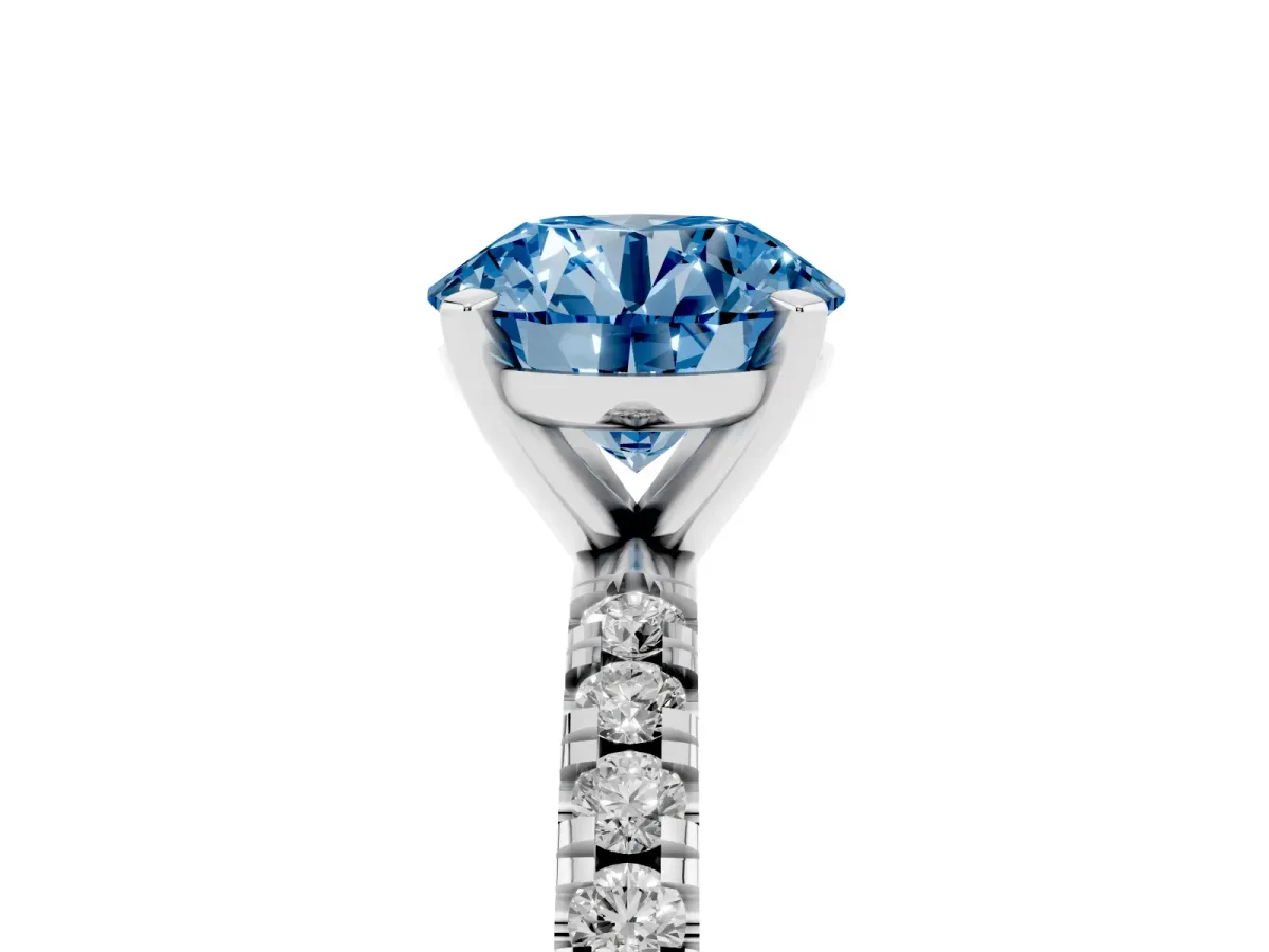 Fancy Blue Round Cut Diamond Pavé Band Solitaire with Four-Prong Setting Platinum