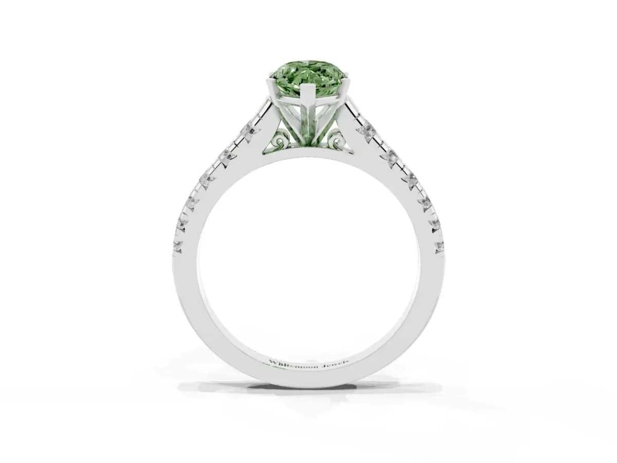 Fancy Green Marquise Cut Diamond Cathedral Solitaire Ring with Round Pavé Band Silver