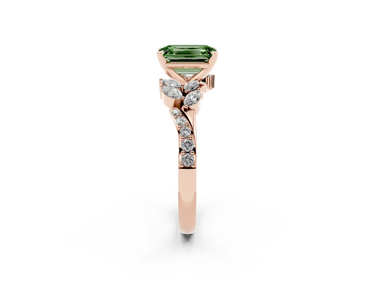 Fancy Green Emerald Cut Solitaire Marquise Twist Band with Six-Prong Setting Rose gold