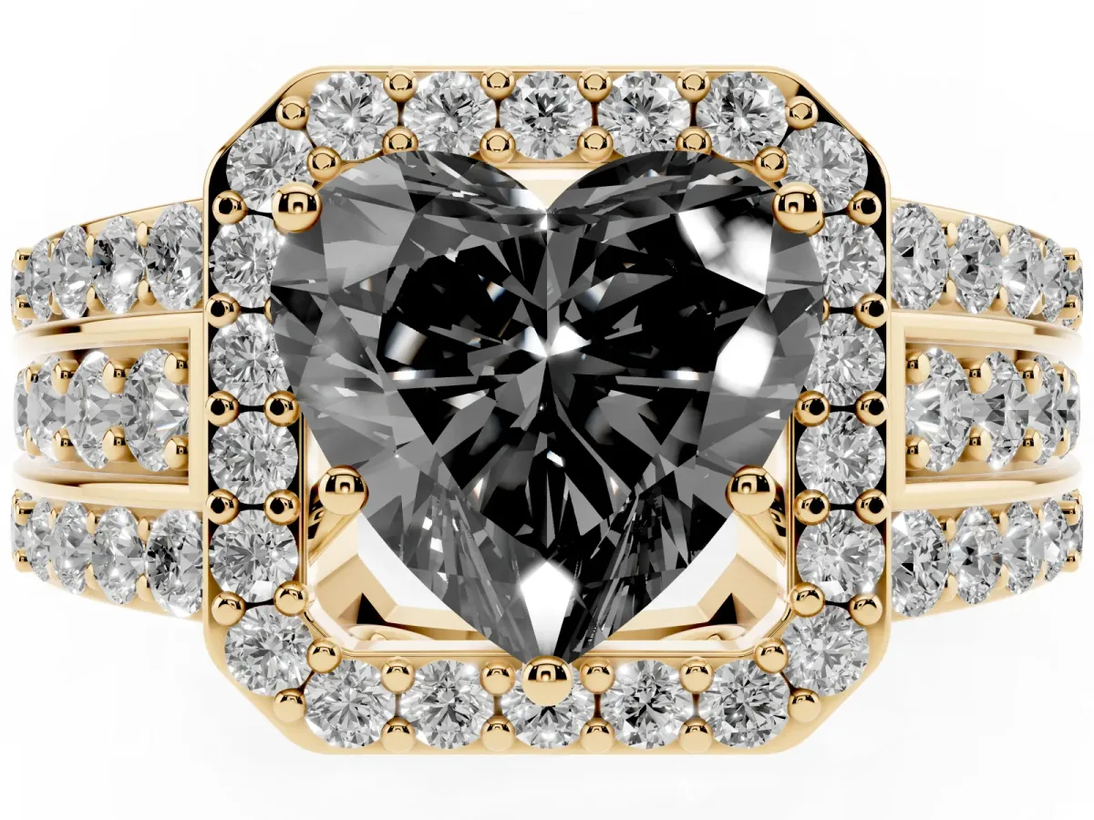 Fancy Black Heart Cut Halo Diamond Ring with Round Split Shank and Prong Setting Yellow gold