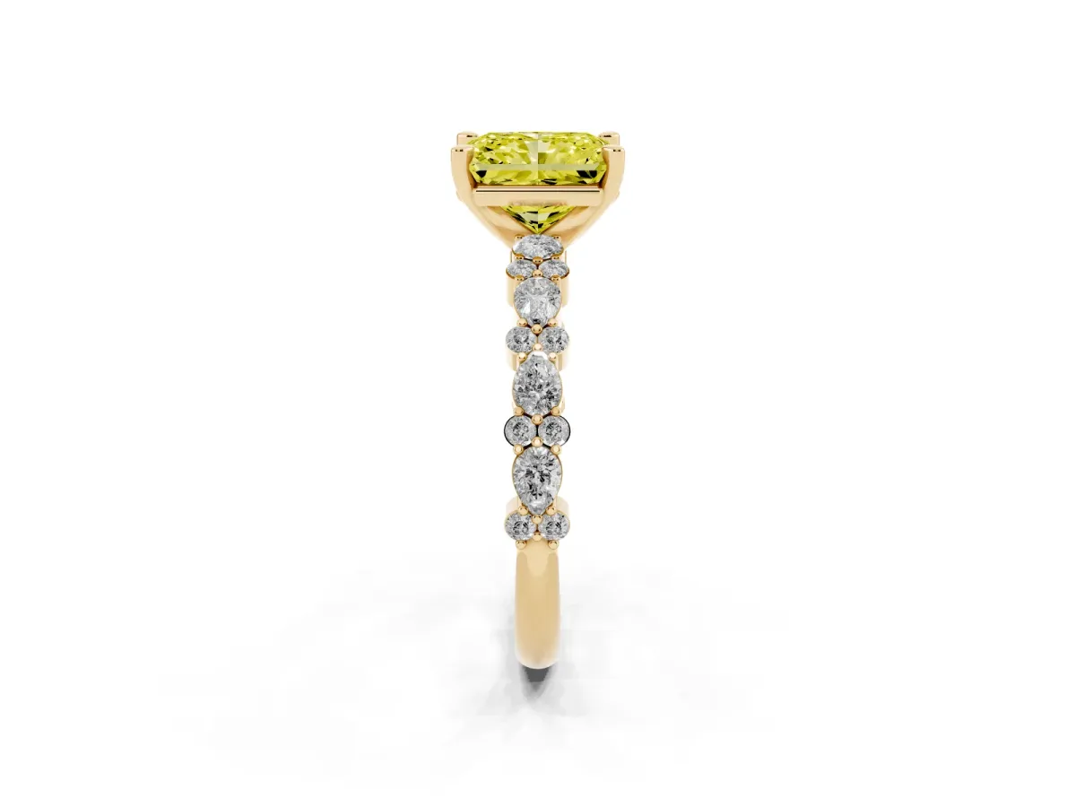 Fancy Yellow Radiant Cut Diamond Side Stone Solitaire Ring with Round and Four-Prong Setting Yellow gold