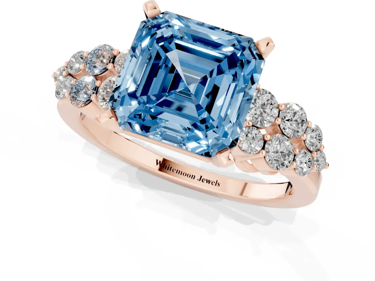 Fancy Blue Asscher Cut Cluster Diamond Engagement Ring with Pavé Band and Four-Prong Setting Rose gold