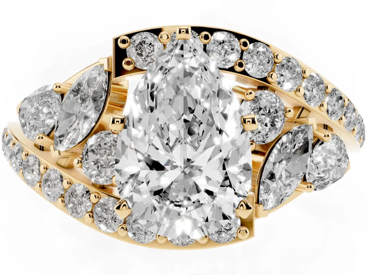 Pear Cut Diamond Halo Ring with Marquise and Pavé Band in Prong Setting Yellow gold