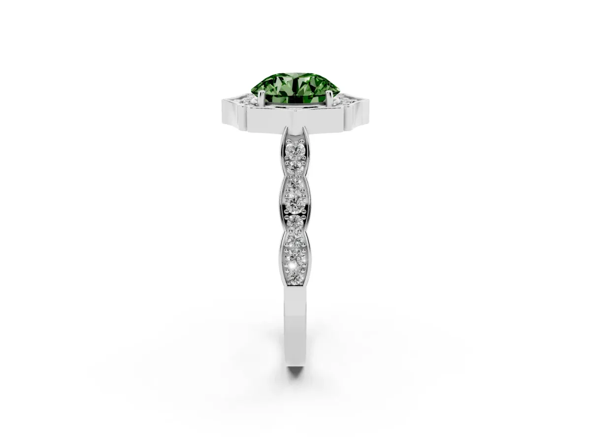 Fancy Green Round Cut Halo Diamond Engagement Ring with Milgrain Band and Four-Prong Setting Silver