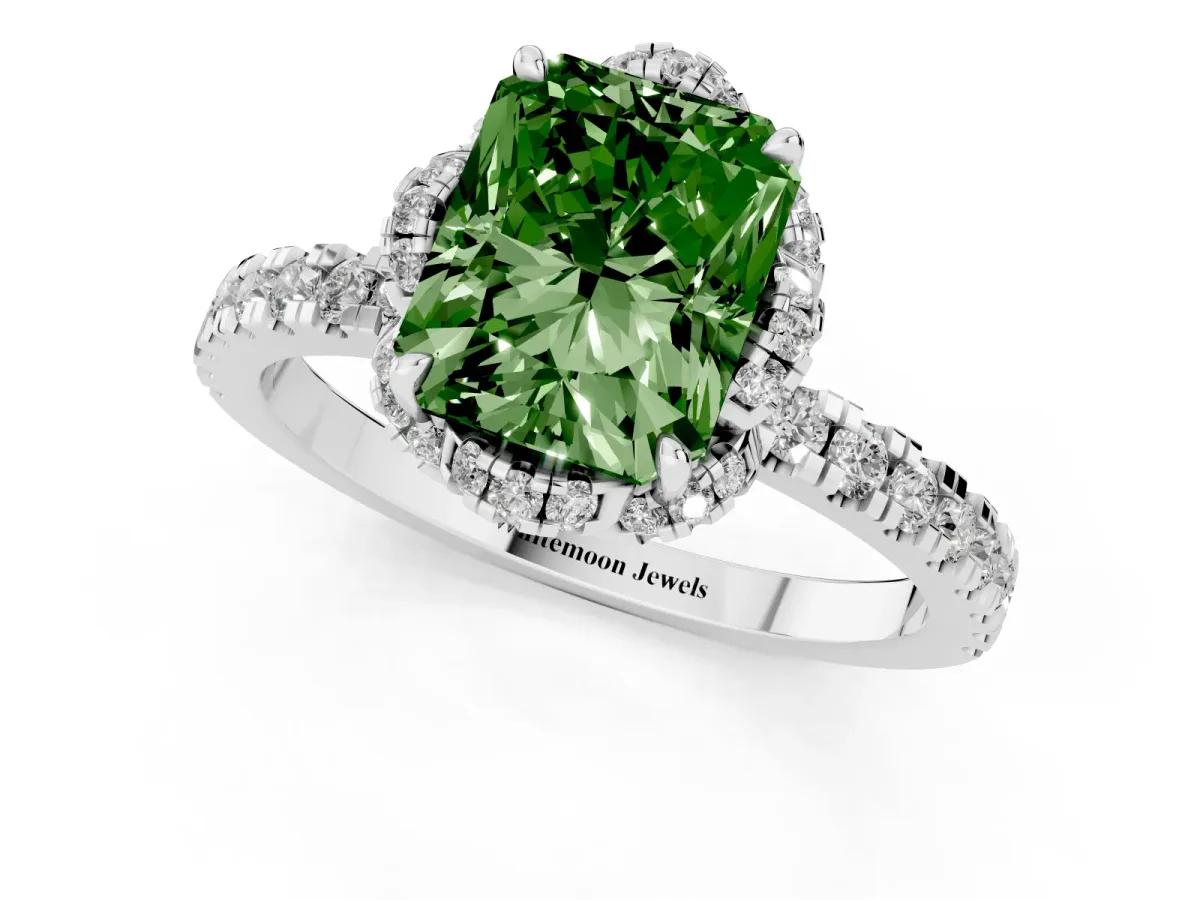 Fancy Green Radiant Cut Halo Diamond Pave Band Ring with Four-Prong Setting Platinum