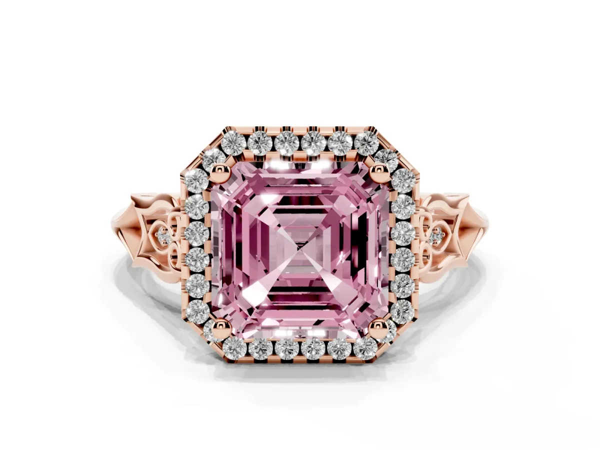 Fancy Pink Asscher Cut Halo Diamond Engagement Ring with Filigree Band and Four-Prong Setting Rose gold