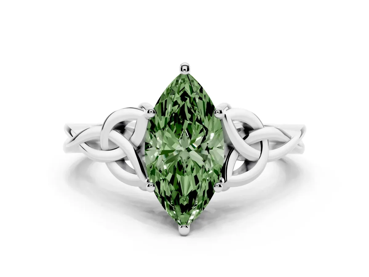 Fancy Green Marquise Cut Diamond Solitaire Engagement Ring with Celtic Knot Band and Four-Prong Setting Platinum