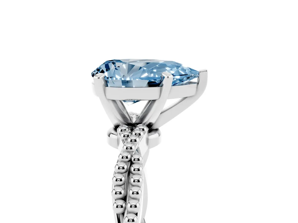 Fancy Blue Pear Cut Solitaire Twisted Band with Bead Prong Setting Platinum