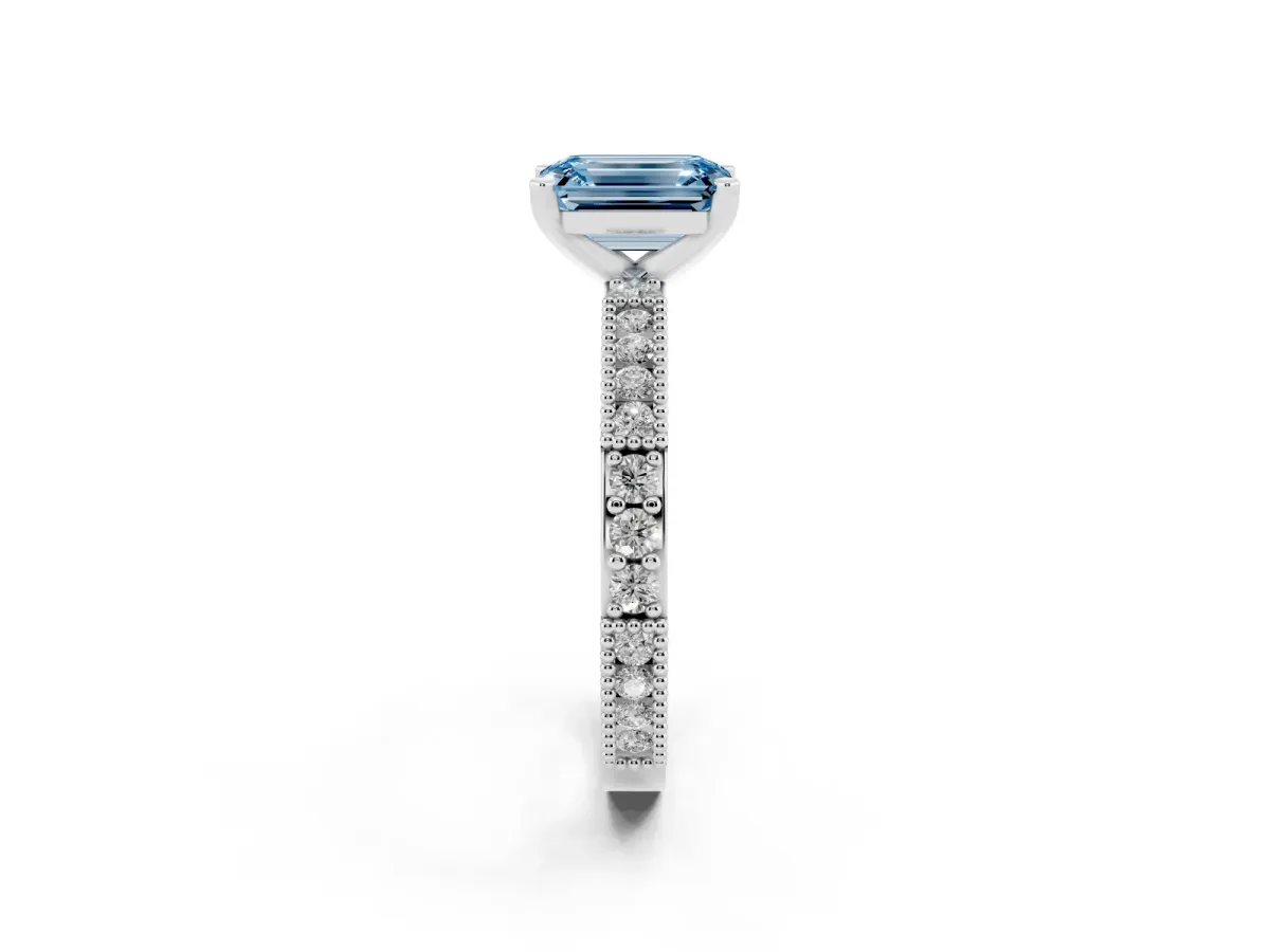 Fancy Blue Emerald Cut Solitaire with Pavé Band and Four-Prong Setting Silver