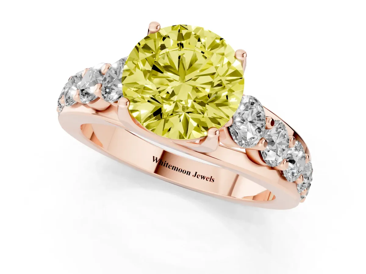 Fancy Yellow Round Cut Diamond Engagement Ring with Pavé Band and Four-Prong Setting Rose gold