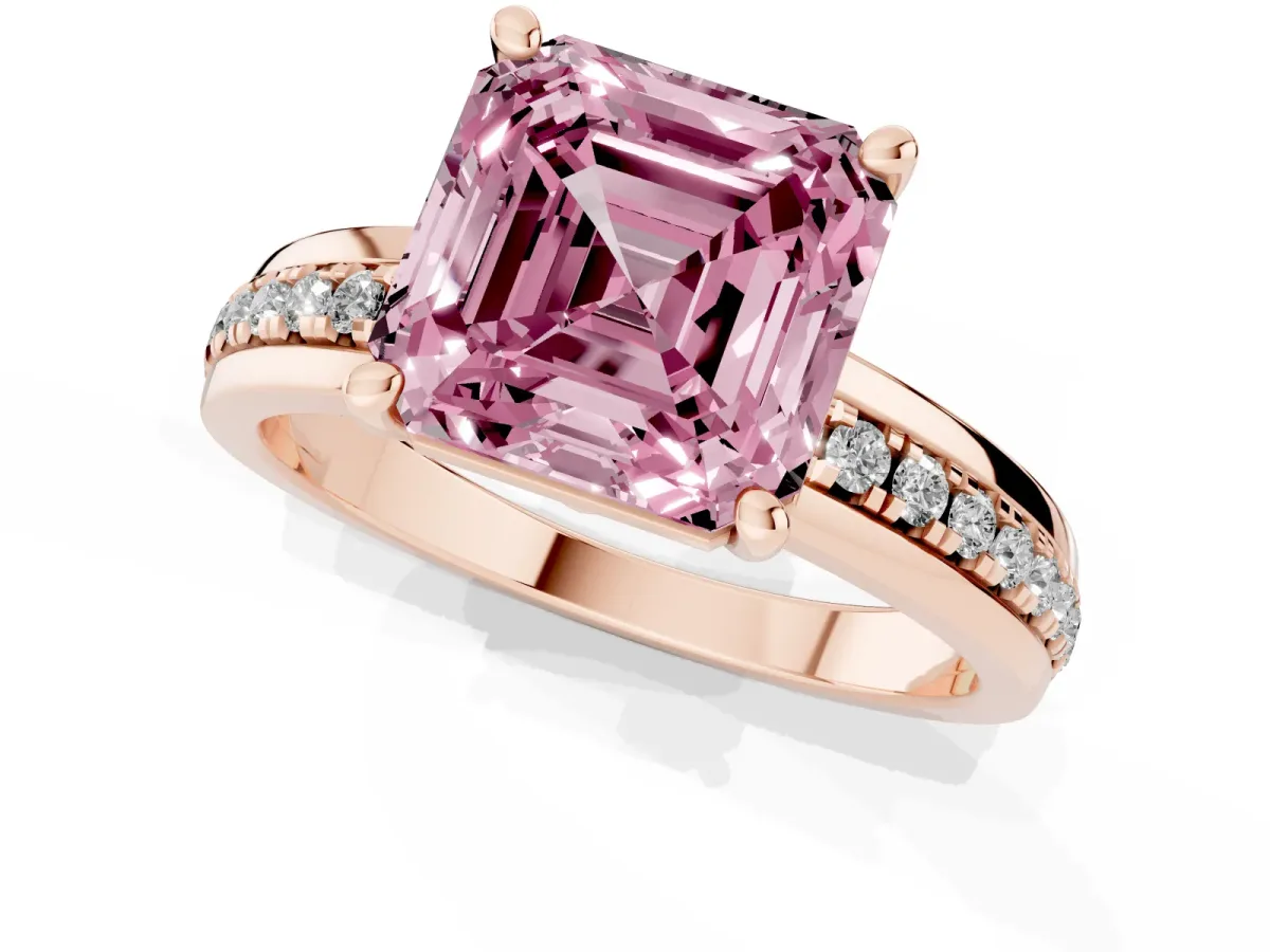 Fancy Pink Asscher Cut Solitaire Diamond Ring with Channel Set Band and Six-Prong Setting Rose gold