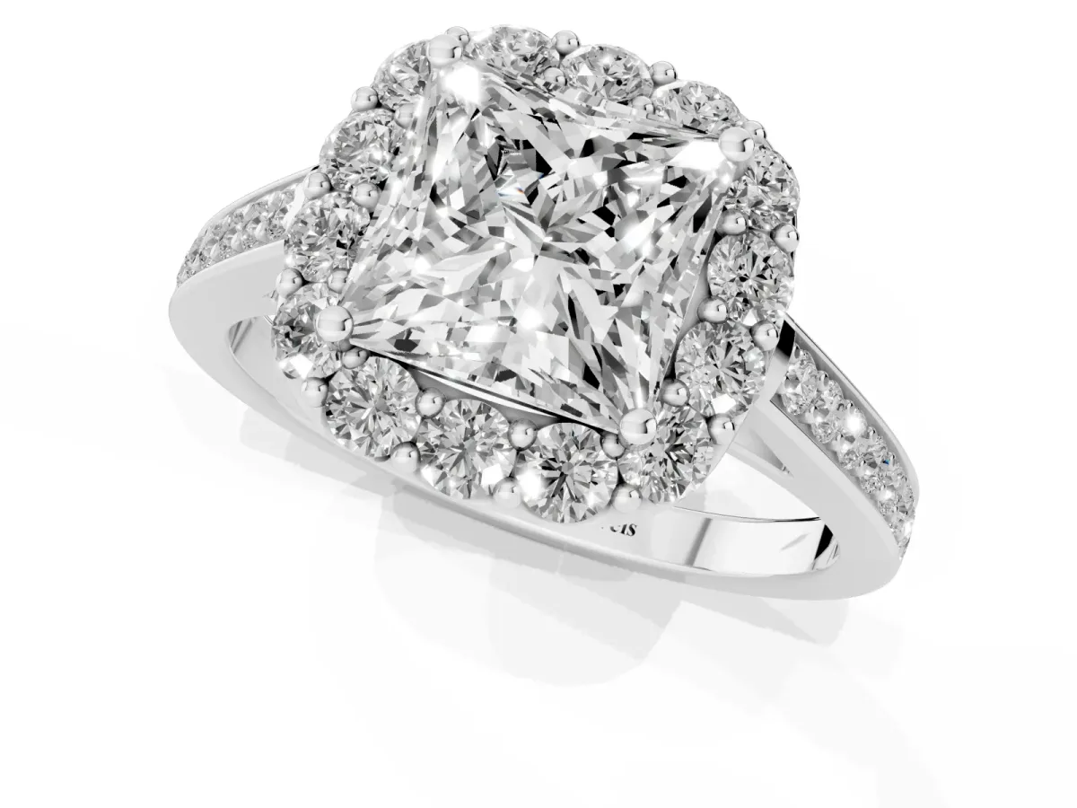 Princess Cut Diamond Floral Halo Ring with Pavé Band and Prong Setting Silver